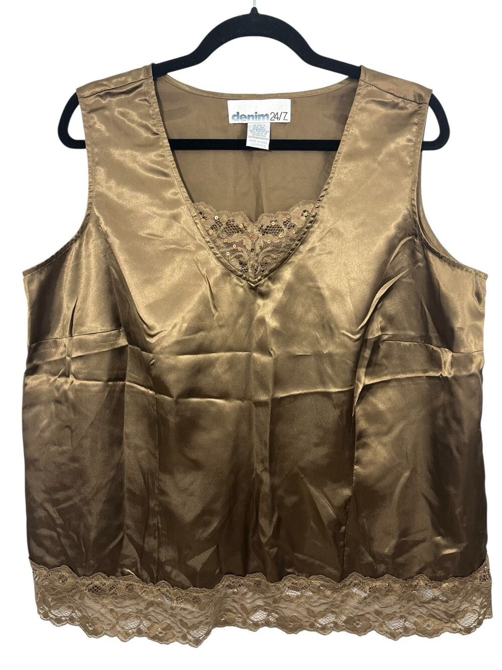 Denim 24/7 Lace Trim Top Brown Tank Cami Camisole 16W Y2K Gold Sleeveless Satin